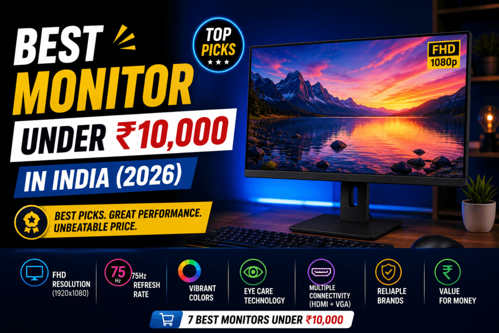 Best monitor under 10000 India — 24 inch IPS gaming and work monitors on a desk