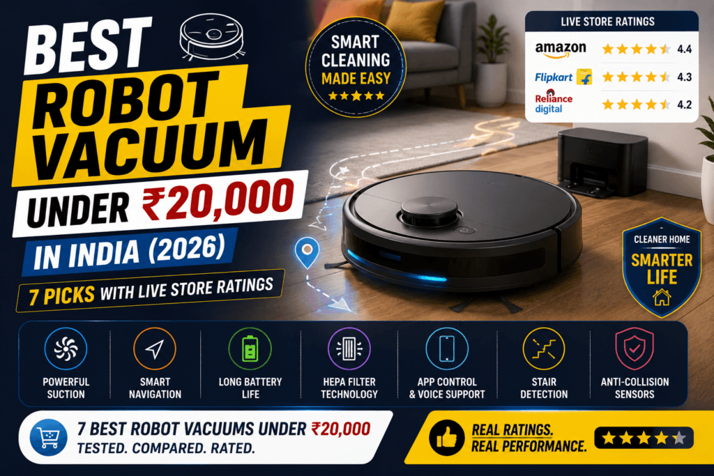 Best robot vacuum under 20000 India 2026 — LiDAR robot vacuum and mop cleaning a tiled floor