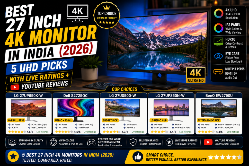 Best 27 inch 4K monitor India 2026 — LG Dell and BenQ UHD IPS monitors on a desk