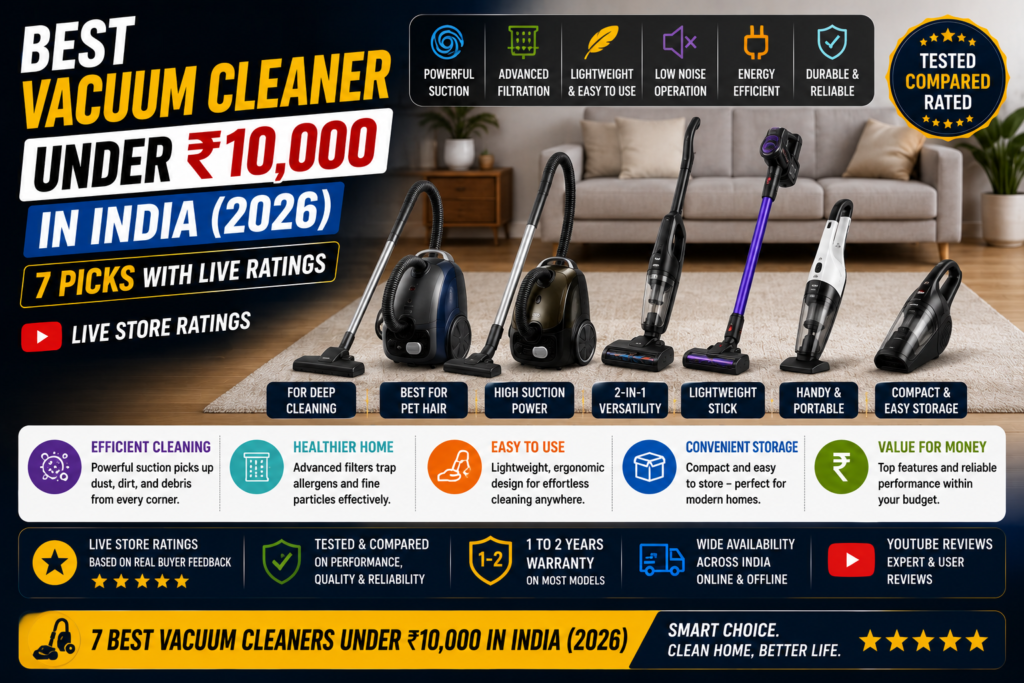 Best vacuum cleaner under 10000 India 2026 — Eureka Forbes AGARO Karcher canister and wet-dry barrels